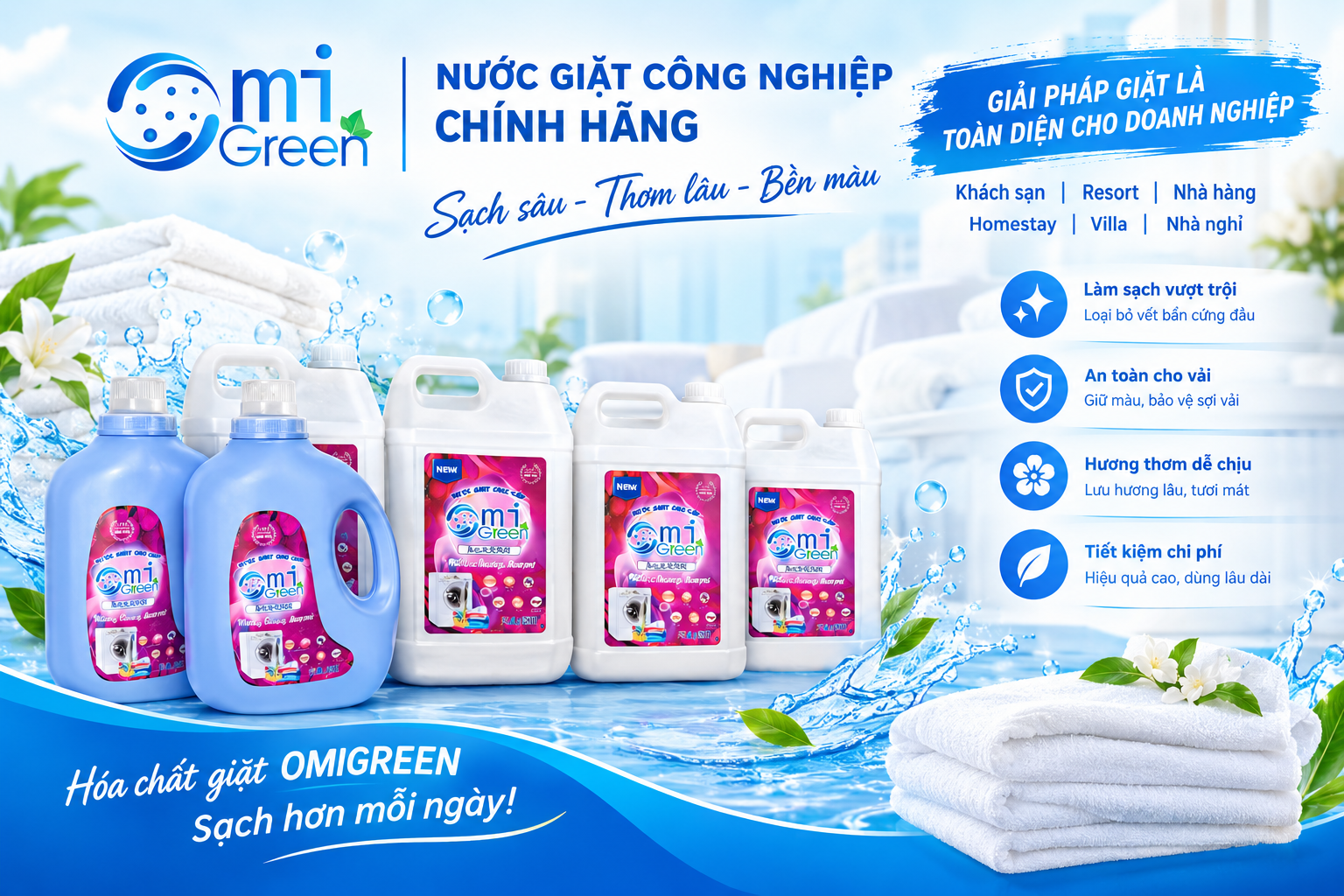 NƯỚC GIẶT OMIGREEN CHO TIỆM GIẶT LÀ – GIẢI PHÁP GIẶT SẠCH, THƠM LÂU